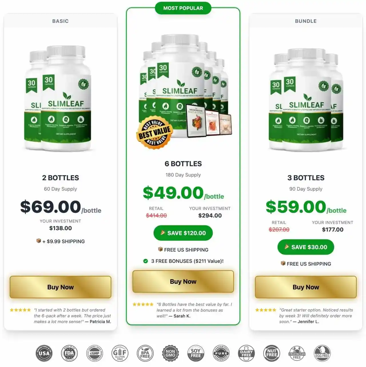 SlimLeaf Pricing — 1, 3 and 6 Bottle Packages with Best Discount